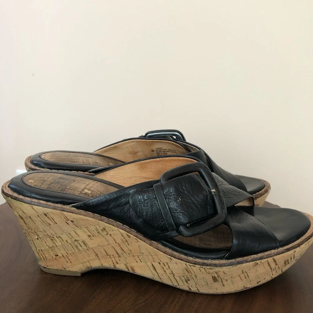 Sofft black leather wedge slides with buckle & cork-covered heel with gold - Picture 9 of 13